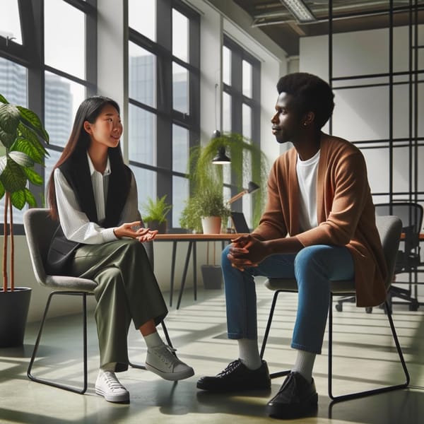A woman and a man seated across from each other in a bright open office, mid-conversation, plants beside them.