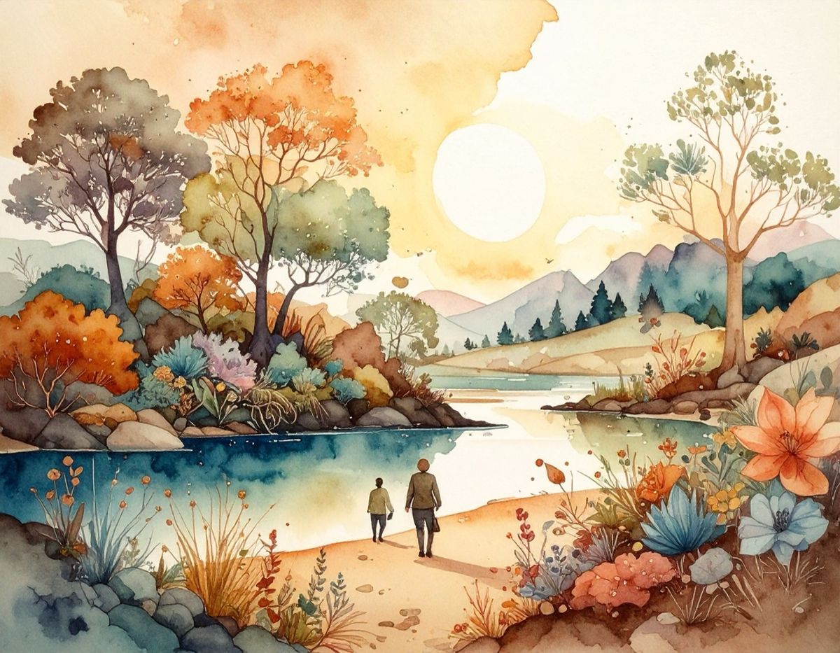 A watercolour of a river winding through autumn trees, two small figures walking its bank toward a low sun.