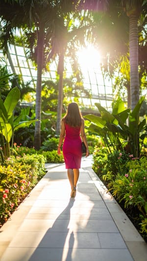 A woman walking away along a path through a glasshouse of palms, sunlight breaking through the canopy ahead of her.