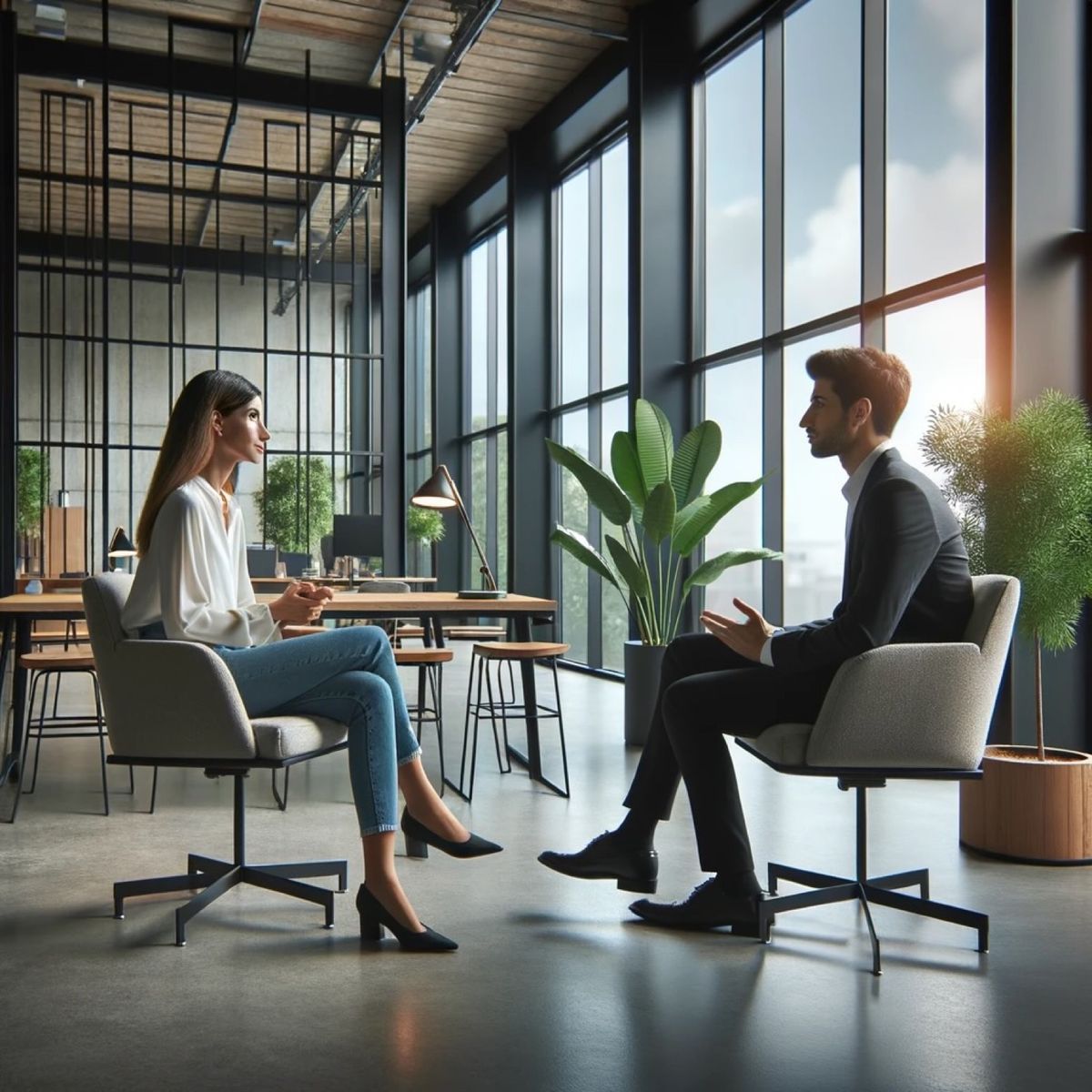 A woman and a man seated in a loft office, turned toward each other, tall windows and plants around them.