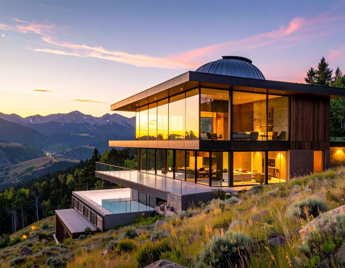 A glass house with an observatory dome on a mountainside at dusk, its windows lit.