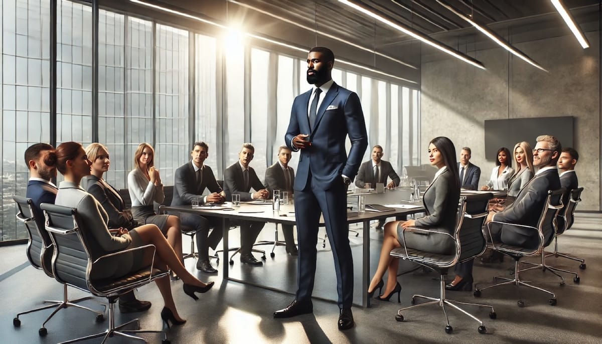 A man standing at the head of a long boardroom table, speaking, the room lit evenly through a wall of glass.