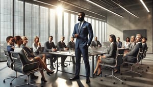 A man standing at the head of a long boardroom table, speaking, the room lit evenly through a wall of glass.