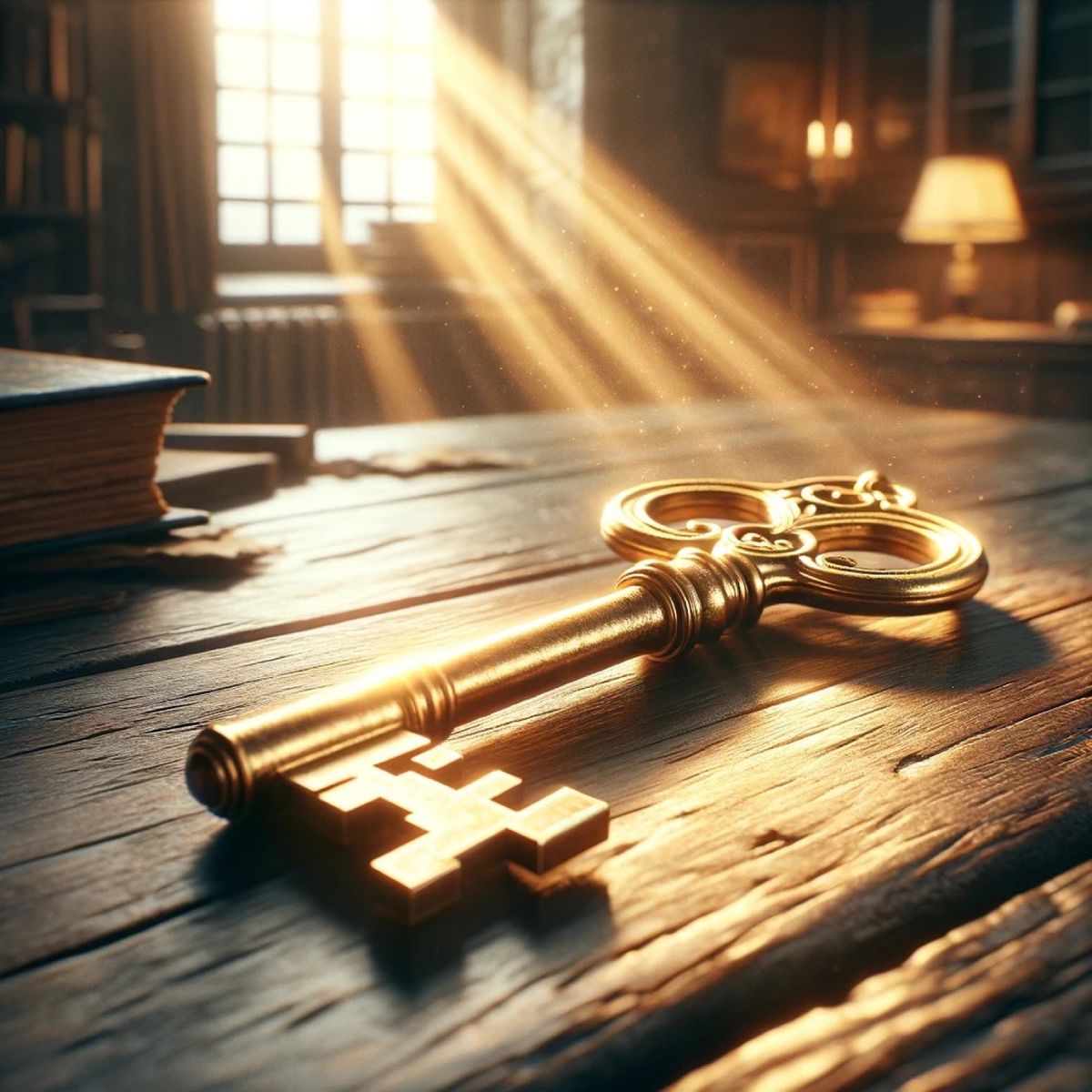 A brass key resting on an old wooden table, a shaft of sunlight falling across it.