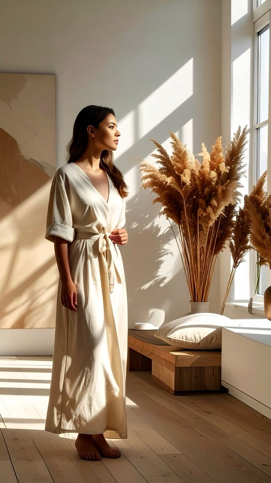 A woman in a linen robe standing in a white room, looking toward the window, dried grasses beside her.