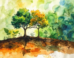 A watercolour of two trees side by side, one green and one turning gold, their roots in the same earth.