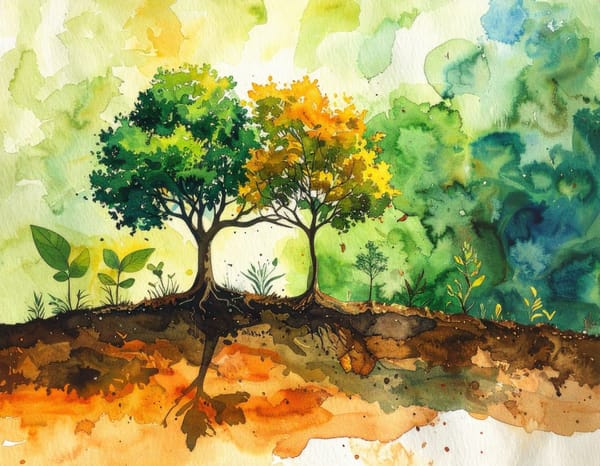 A watercolour of two trees side by side, one green and one turning gold, their roots in the same earth.