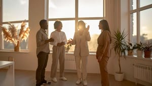 Four colleagues standing in conversation by a wall of windows, the sun low behind them.