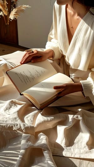 Hands holding an open book on a lap of white linen, the margin turned to the light from the side.