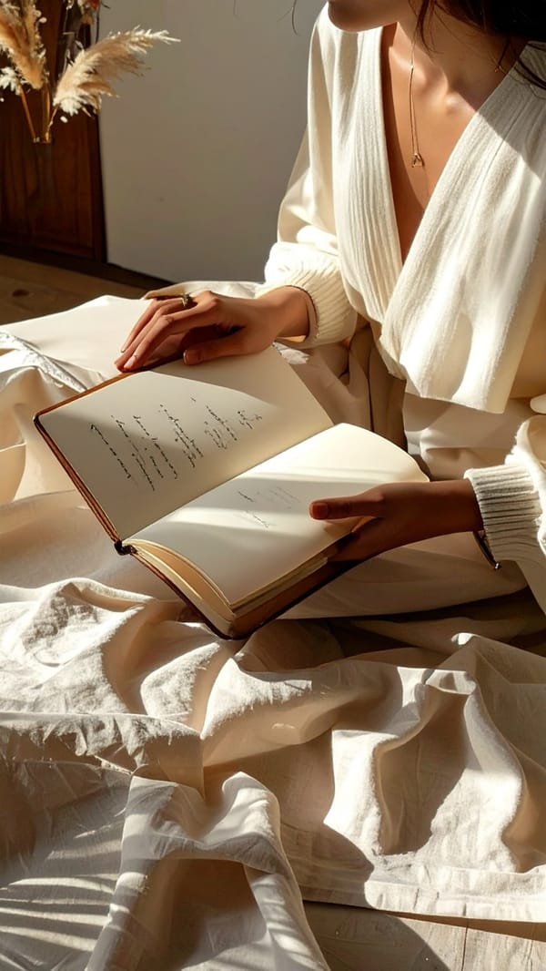Hands holding an open book on a lap of white linen, the margin turned to the light from the side.