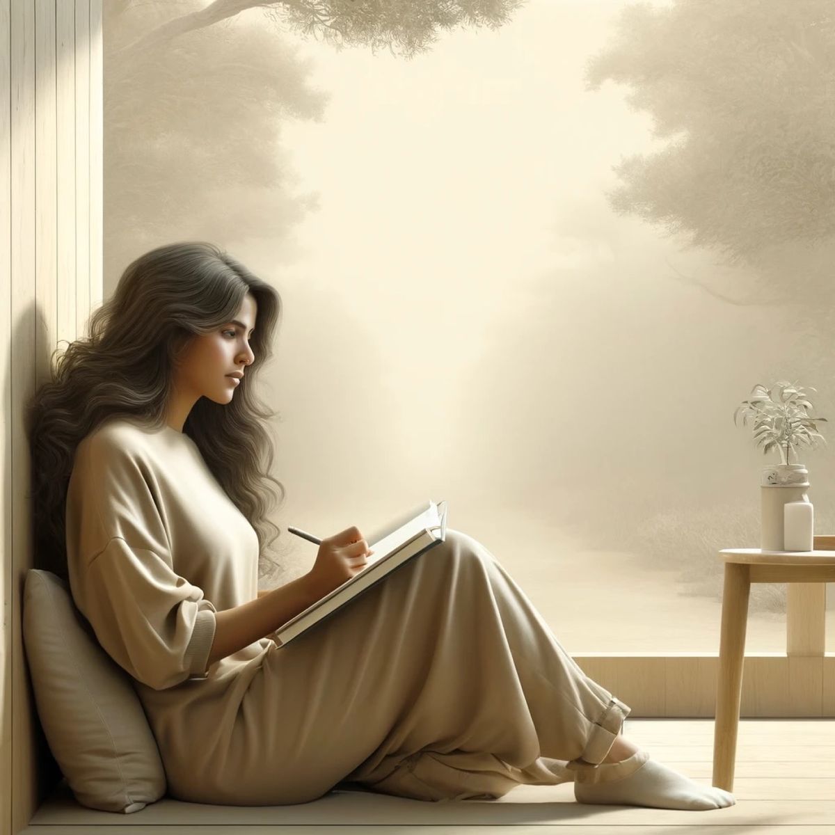 A woman seated on the floor against a cushion, writing in a notebook, pale light from a misted window.