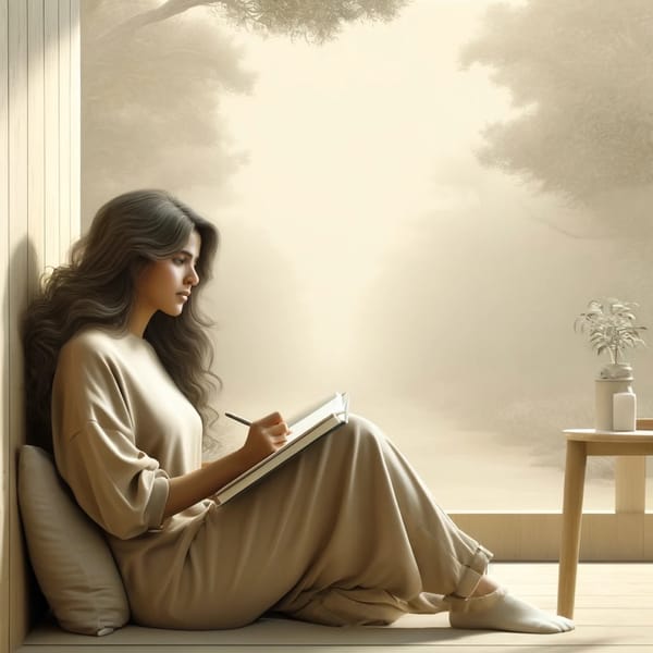 A woman seated on the floor against a cushion, writing in a notebook, pale light from a misted window.