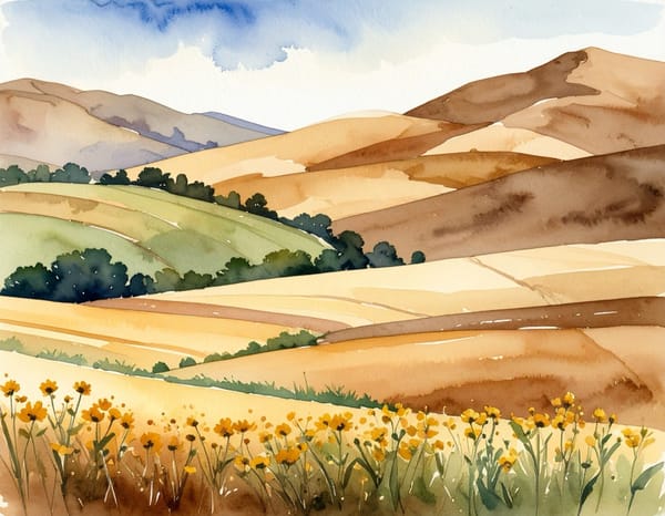 A watercolour of golden hills crossed by field lines, sunflowers in the foreground under a wide sky.