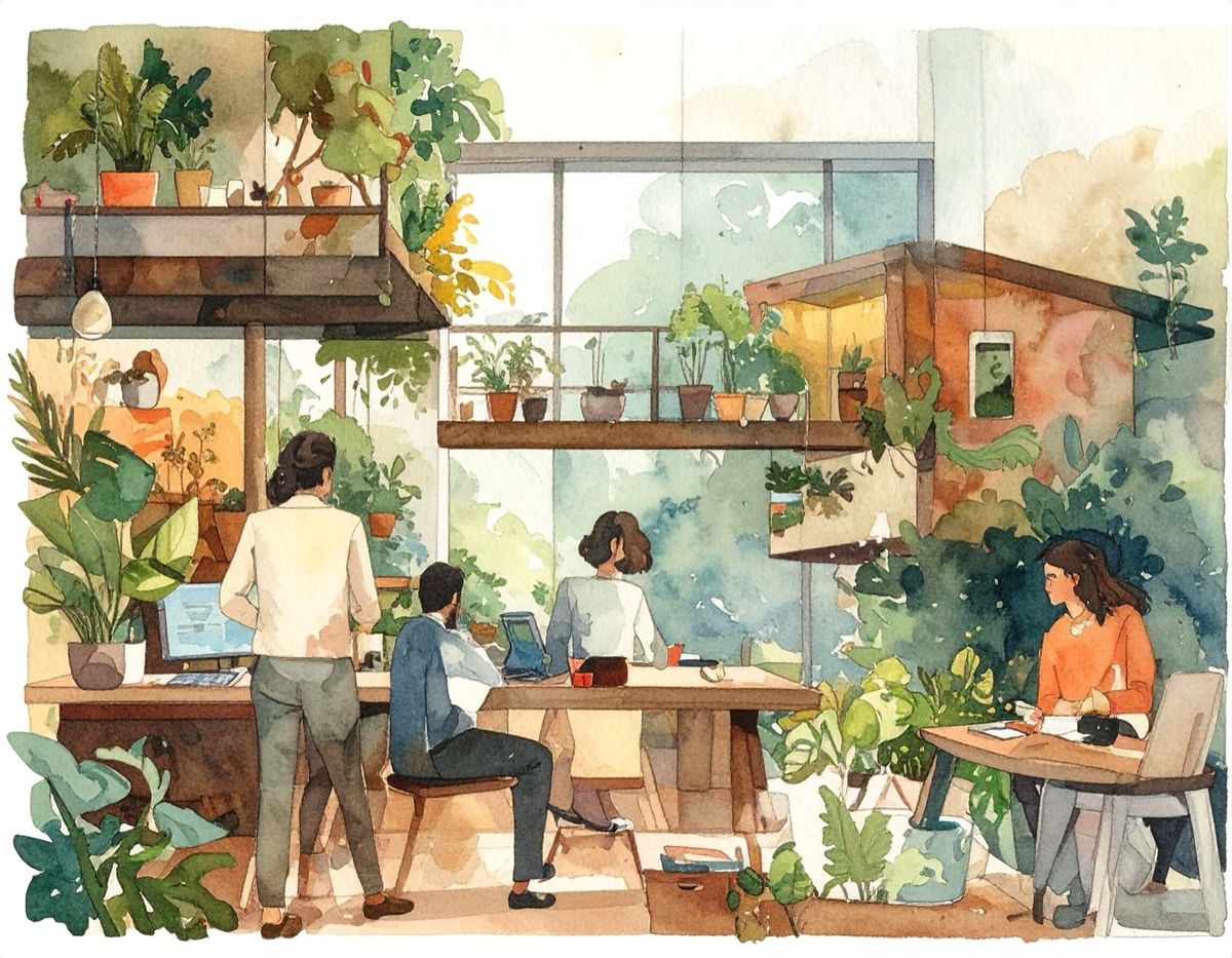 A watercolour of a small team at work in a green studio: at desks, at a screen, among hanging plants.