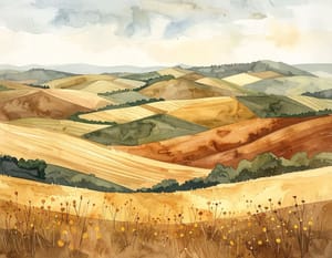 A watercolour of rolling farmland in ochre and green, the hills repeating into the distance like a wave.
