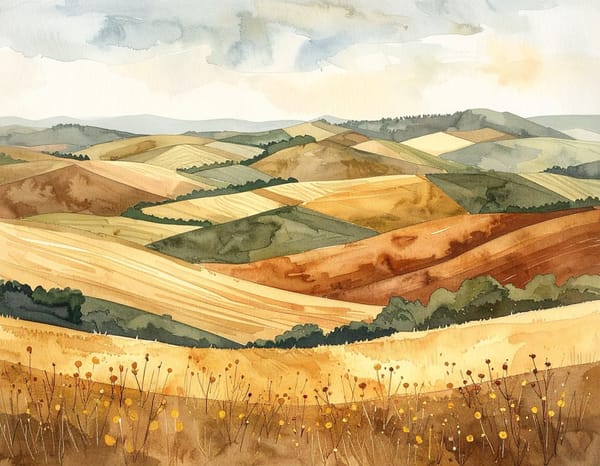 A watercolour of rolling farmland in ochre and green, the hills repeating into the distance like a wave.