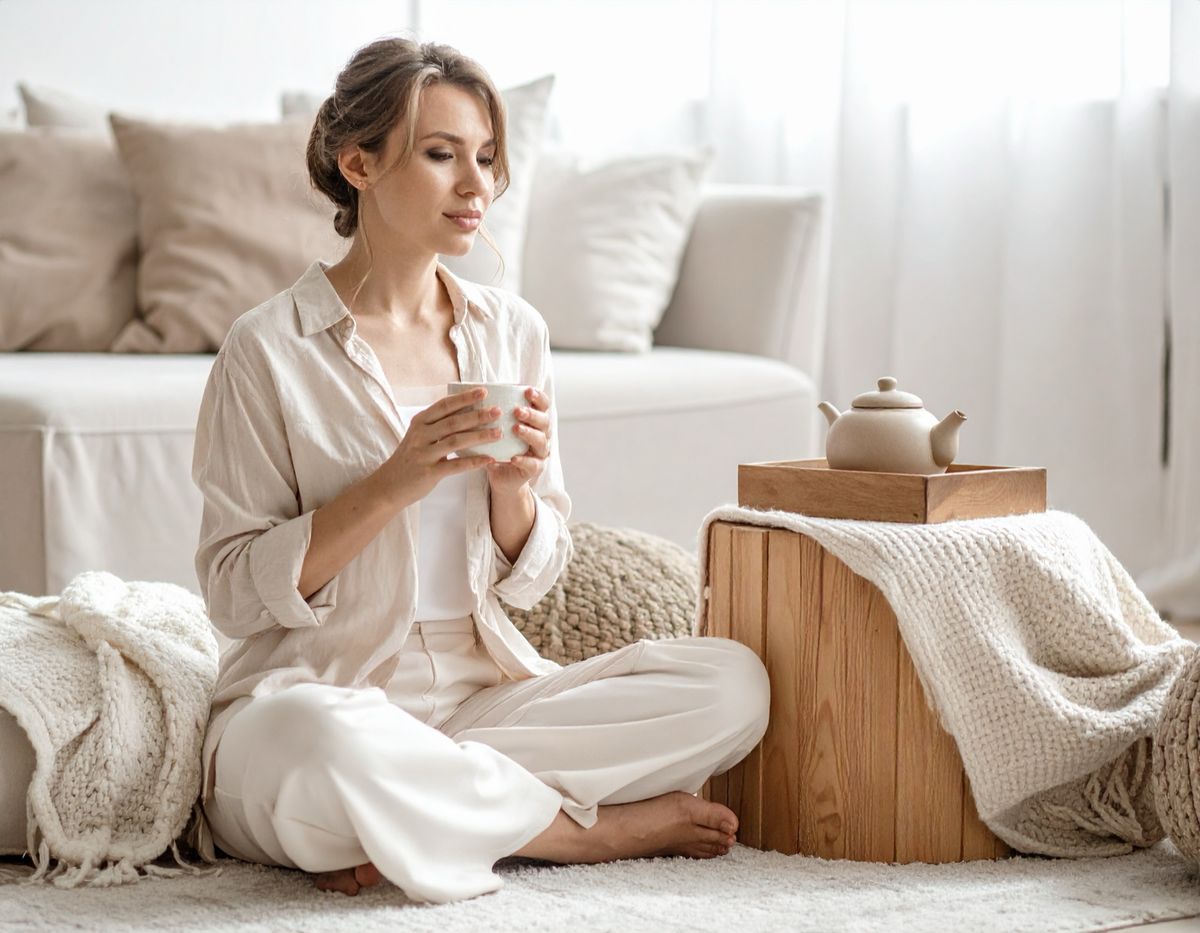 A woman seated on a white rug holding a cup in both hands, a teapot on the wooden stool beside her.