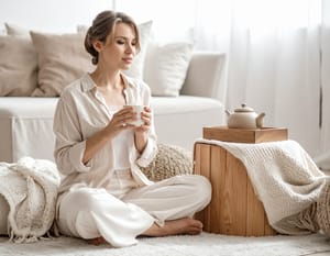 A woman seated on a white rug holding a cup in both hands, a teapot on the wooden stool beside her.