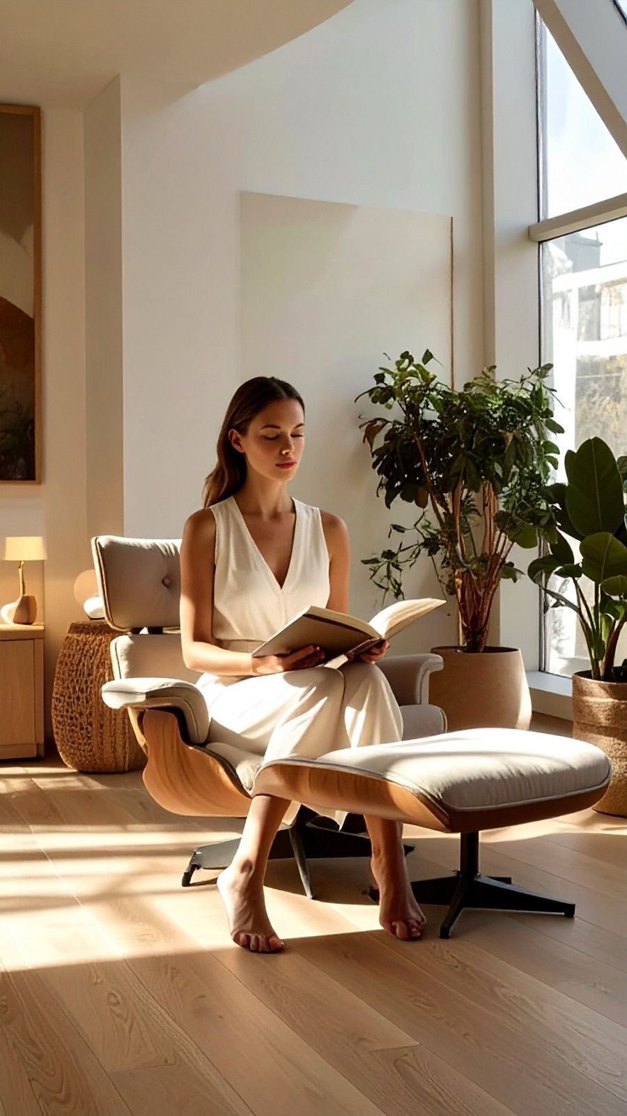 A woman reading in a lounge chair beside a tall window, plants around her and sun on the floor.