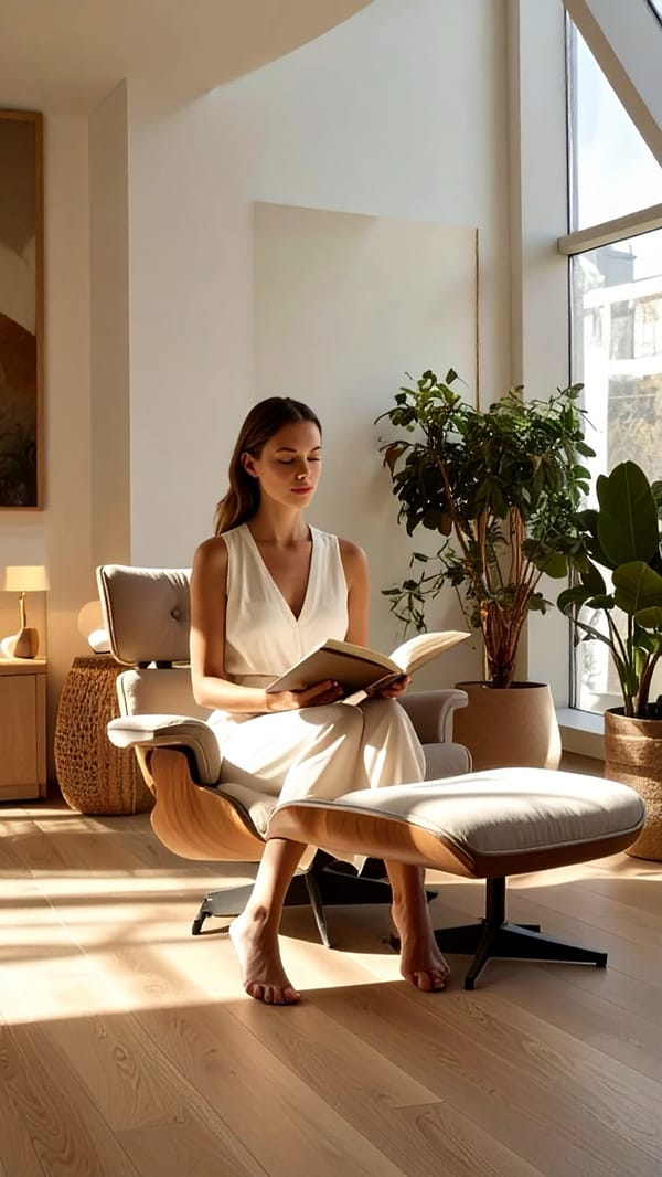 A woman reading in a lounge chair beside a tall window, plants around her and sun on the floor.