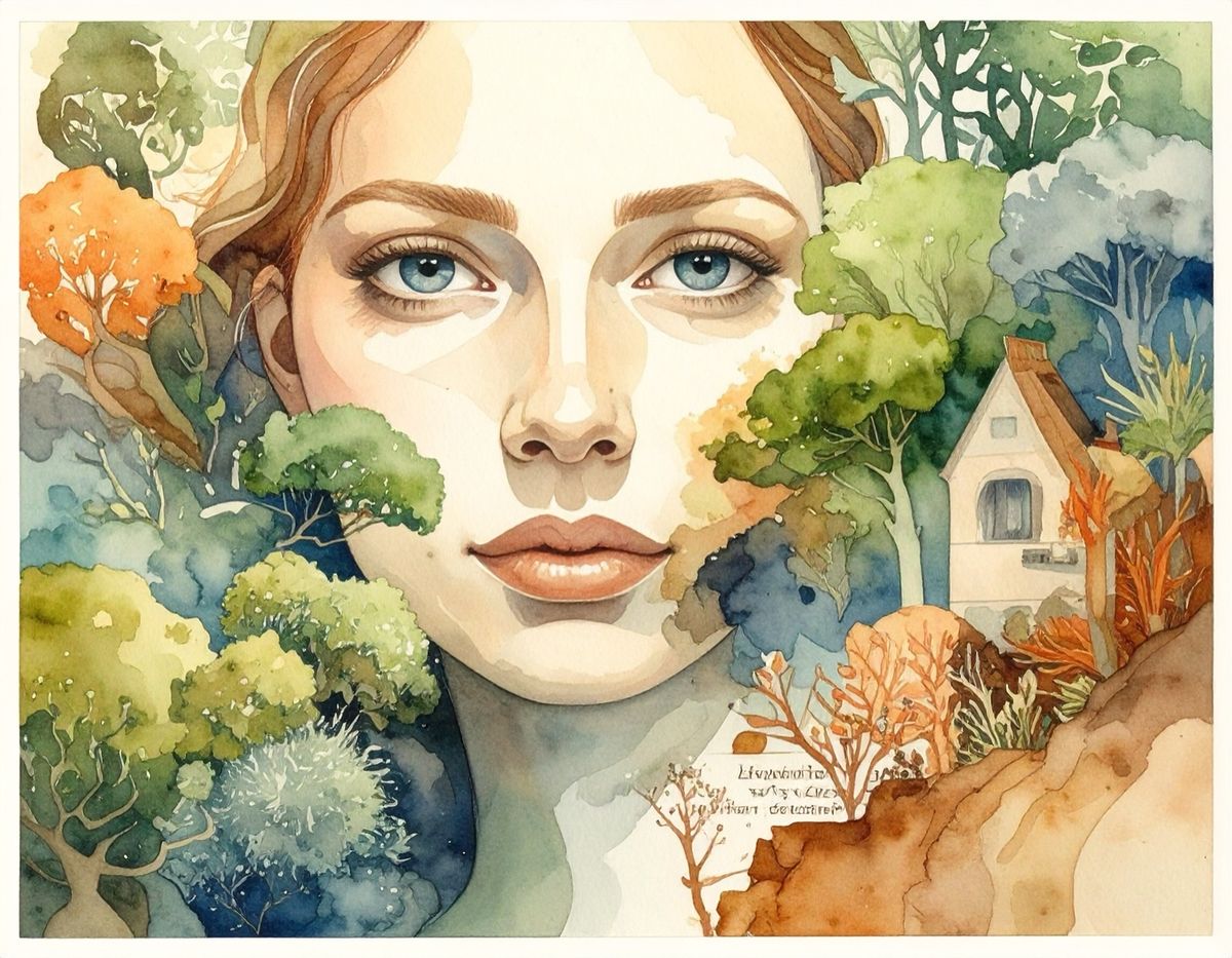 A watercolour of a woman's face merging into trees, a house and hills.
