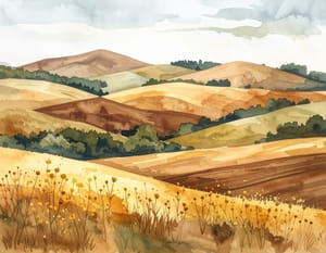 A watercolour of hills in bands of gold, rust and green, wildflowers in the foreground.