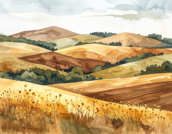 A watercolour of hills in bands of gold, rust and green, wildflowers in the foreground.
