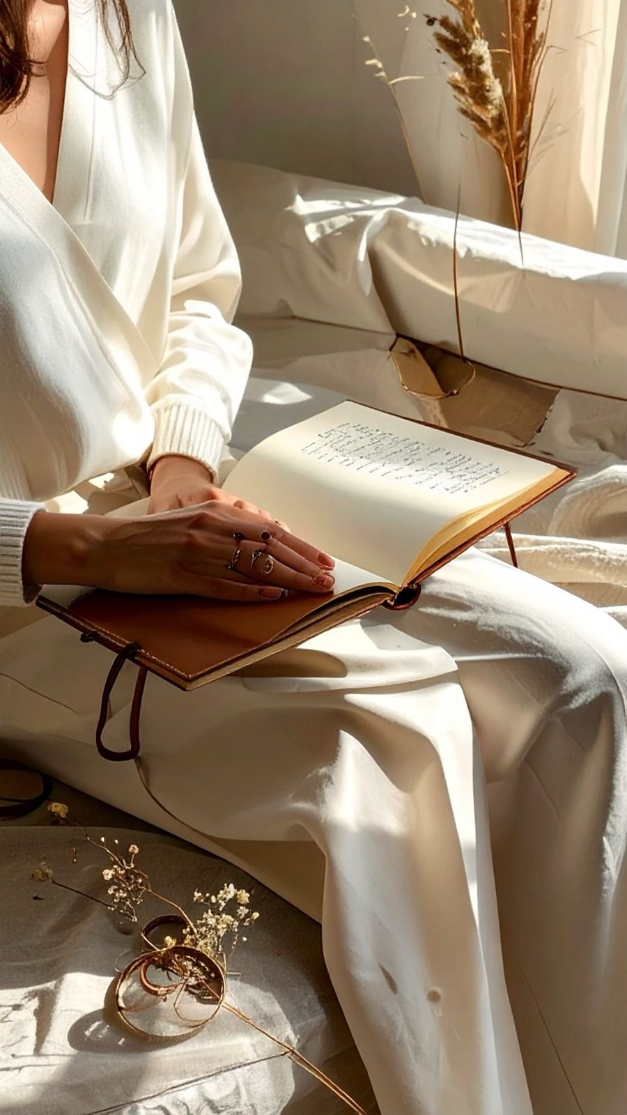 Hands resting on an open book on a lap of white linen, a dried grass stem beside it, warm light.