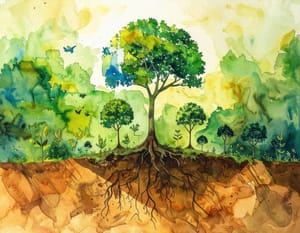 A watercolour of a tree drawn whole, its roots spreading under the soil as wide as its crown.