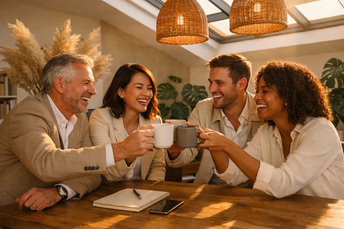 Four colleagues around a table raising their cups to each other, laughing, warm light under the pendant lamps.