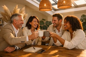 Four colleagues around a table raising their cups to each other, laughing, warm light under the pendant lamps.