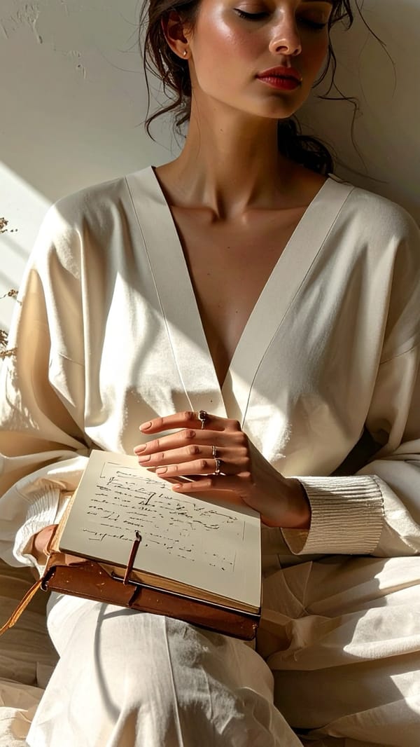 A woman holding an open journal on her lap, her eyes lowered, warm light across her face.