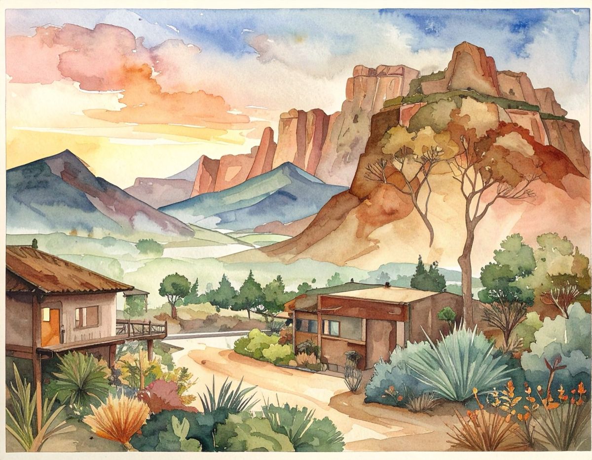 A watercolour of a small settlement at the foot of red cliffs, houses among scrub and desert trees.