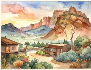 A watercolour of a small settlement at the foot of red cliffs, houses among scrub and desert trees.