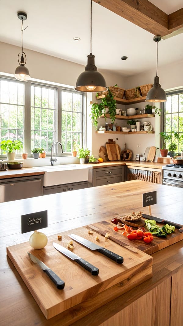 A kitchen counter of pale wood with a cutting board, knives and cut vegetables, morning light from the windows beyond.