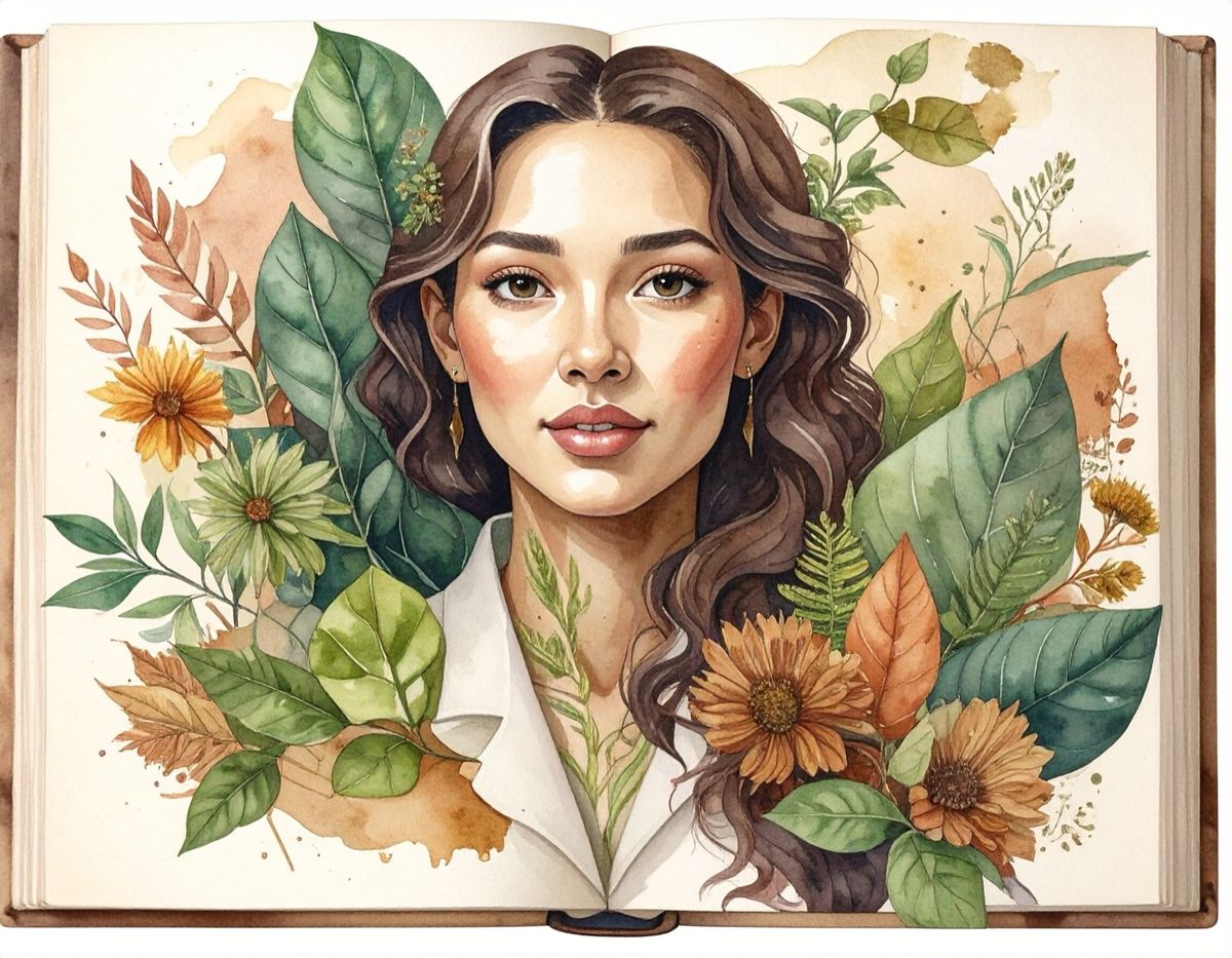 A watercolour on an open book: a woman's portrait among leaves, sunflowers and fern.