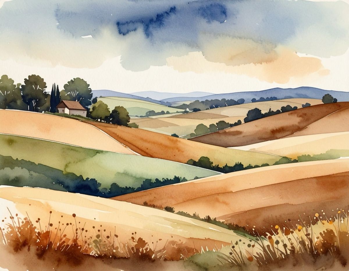 A watercolour of rolling hills in late summer, a farmhouse and a line of trees on the far ridge.