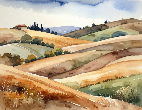 A watercolour of rolling farmland, the soil shifting from ochre to green across the hills.