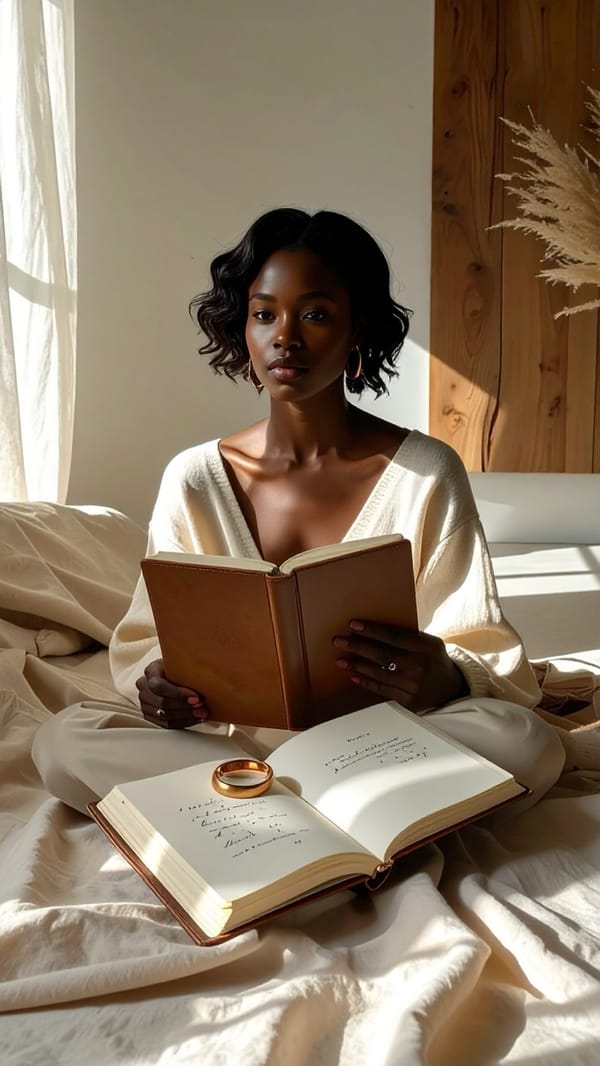 A woman seated among cream linen with two open books, reading, soft light from the window at her left.