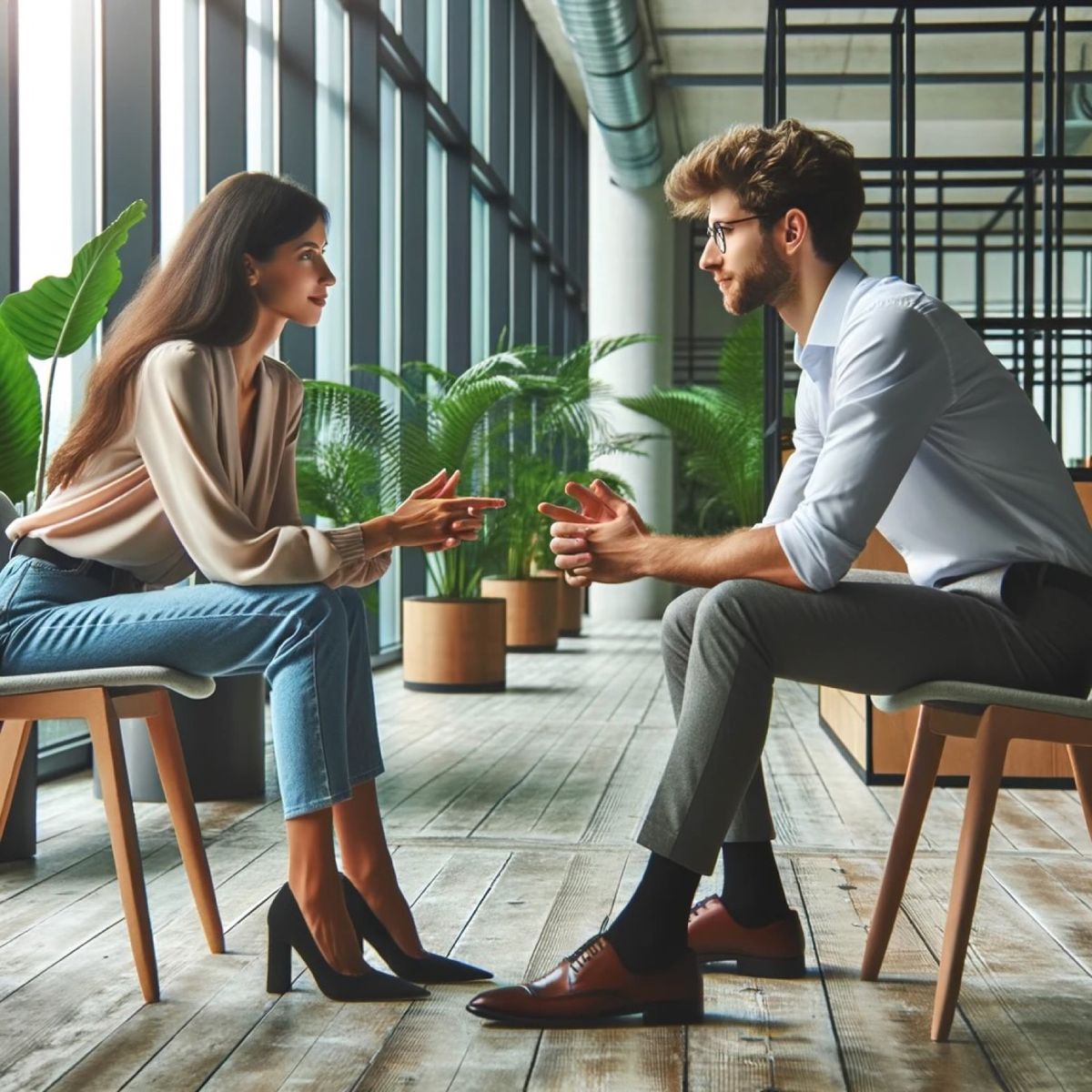 A woman and a man seated facing each other among plants in a glass-walled room, talking with their hands.