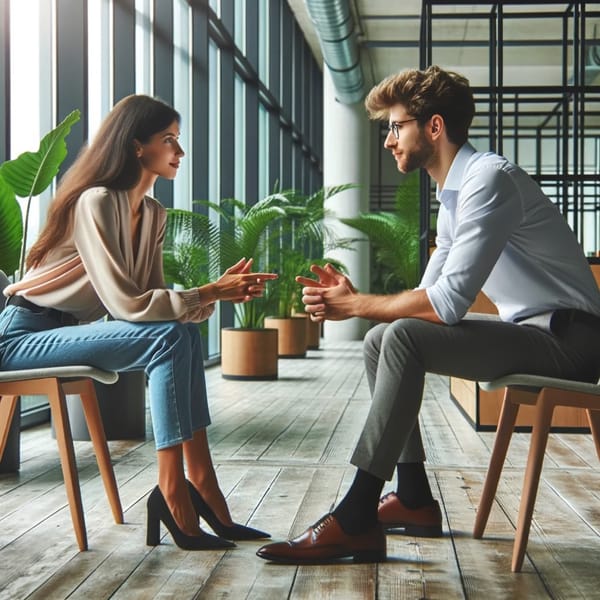 A woman and a man seated facing each other among plants in a glass-walled room, talking with their hands.
