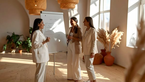 Three colleagues at a whiteboard in a sunlit room, one writing while the others listen.