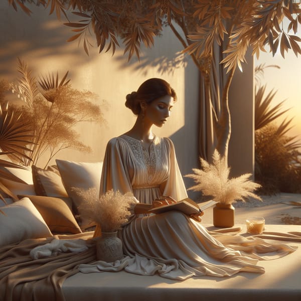 A woman reading on a daybed, the shadows of palm leaves falling across the wall behind her in late sun.