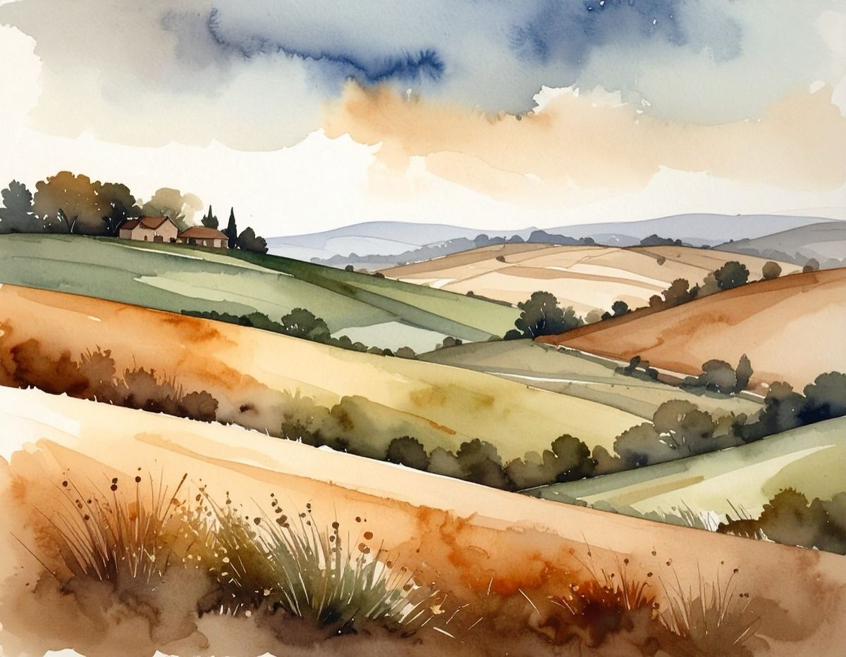 A watercolour of hills ploughed into bands of ochre and green, a farm on the far ridge.