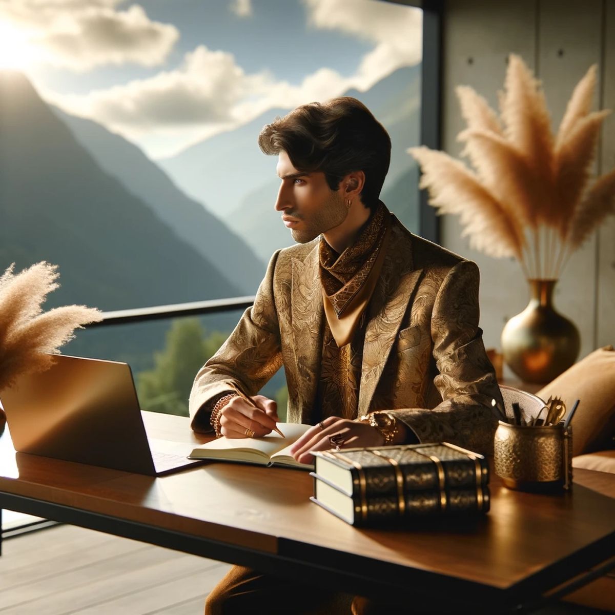A man writing at a desk on a balcony above a mountain valley, books stacked beside him, cloud over the peaks.
