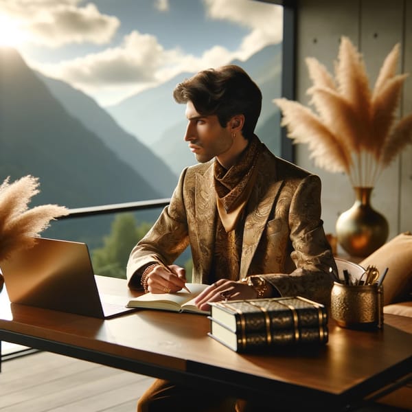 A man writing at a desk on a balcony above a mountain valley, books stacked beside him, cloud over the peaks.