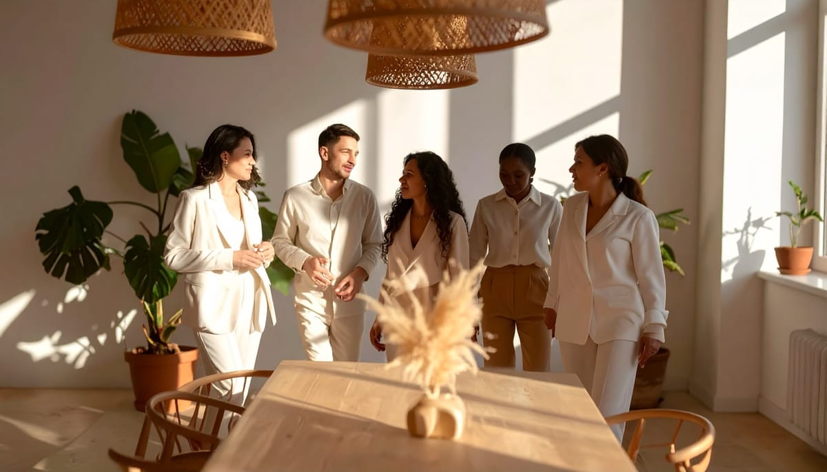 A group gathered round a long table with a vase of dried grasses, the room full of morning light.