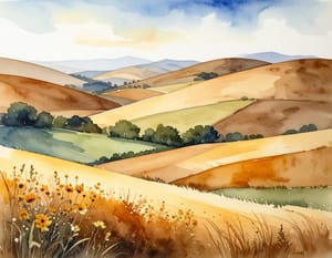 A watercolour of open fields running to distant hills, wildflowers in the grass.