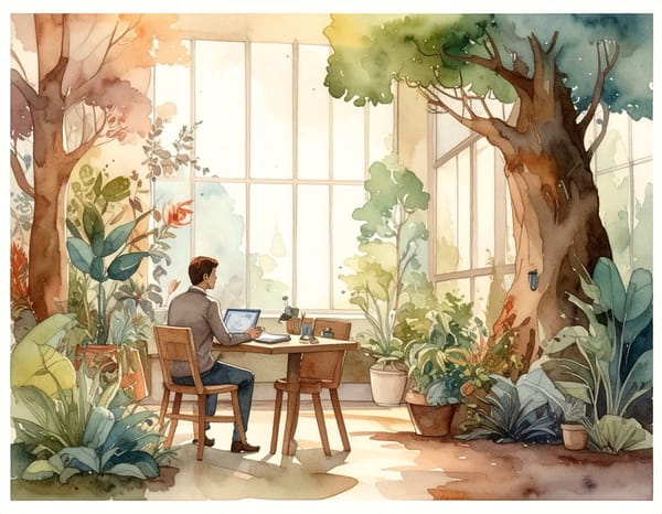 A watercolour of a man at a desk beneath a great tree inside a glass room, plants all around him.