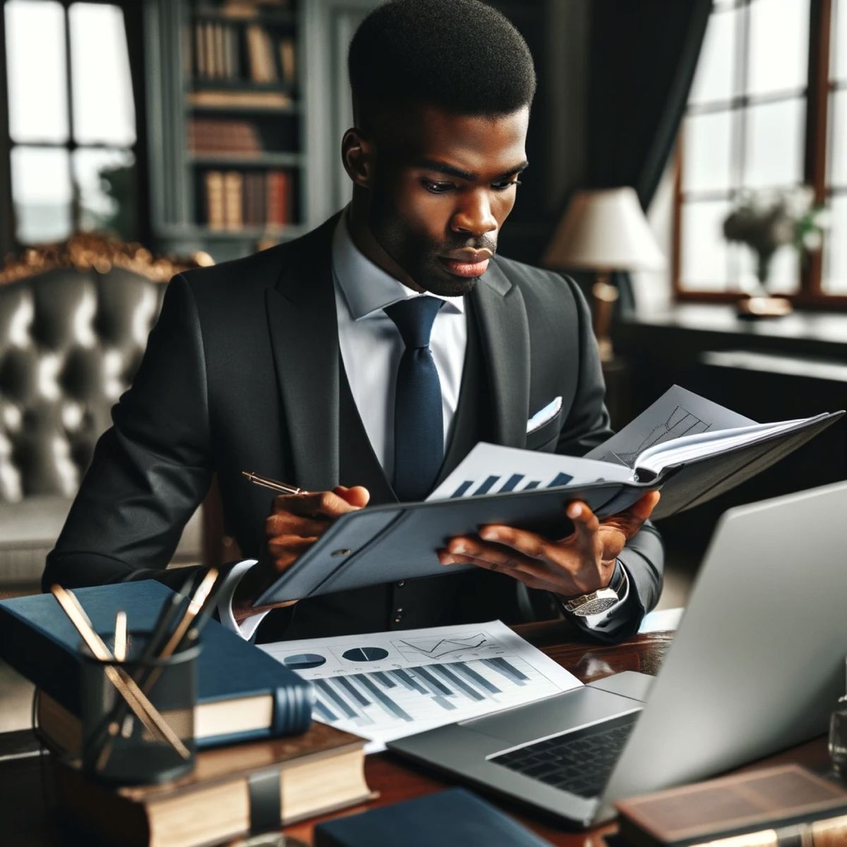 A man in a dark suit reading a printed report of charts at his desk, lamplight and daylight meeting on the page.